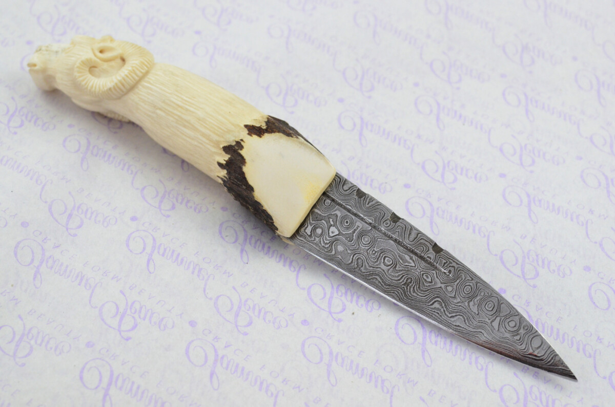 Amazing Bespoke Hand Carved Rams Head Stag Horn Antler Handle Sgian Dubh Damascus Blade Sheffield England - Image 5