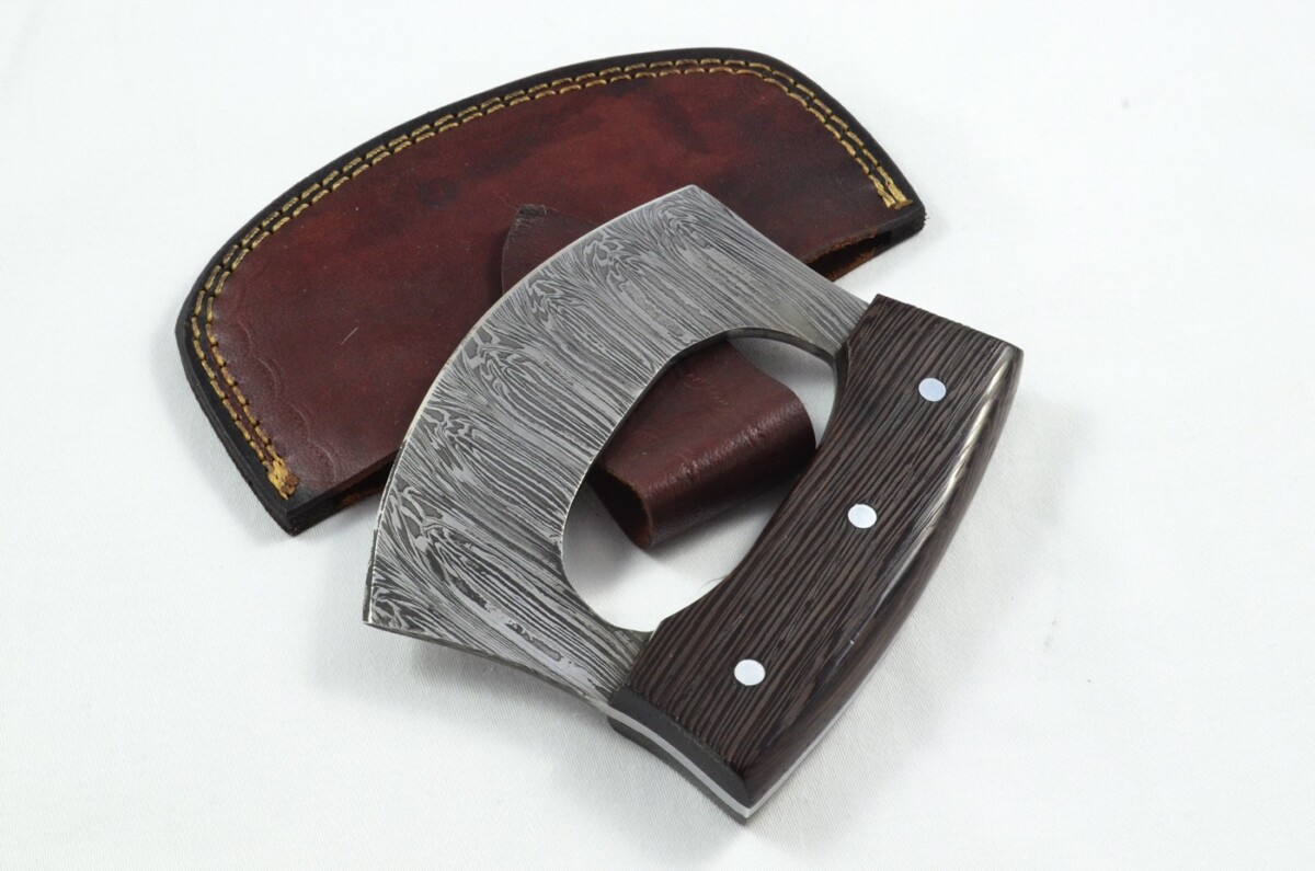 2025 Collection - Damascus Blade Rosewood Handled Mezzaluna Knife With Leather Sheath Limited Edition 1 of 20