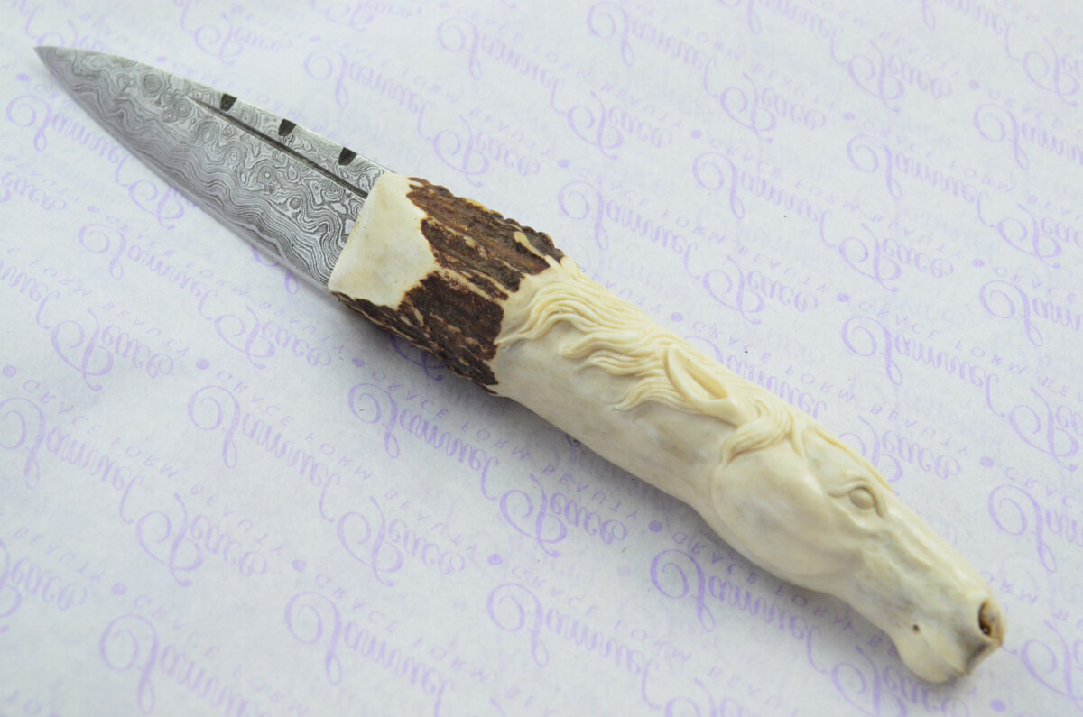 Amazing Bespoke Hand Carved Horse Stag Horn Antler Handle Sgian Dubh Damascus Blade Sheffield England - Image 2