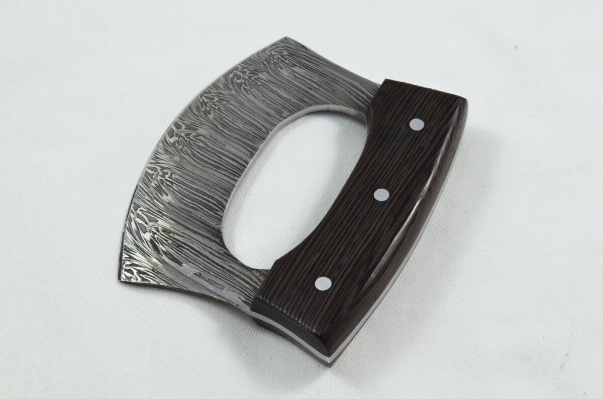 2025 Collection - Damascus Blade Rosewood Handled Mezzaluna Knife With Leather Sheath Limited Edition 1 of 20 - Image 2