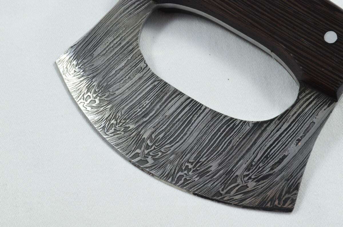 2025 Collection - Damascus Blade Rosewood Handled Mezzaluna Knife With Leather Sheath Limited Edition 1 of 20 - Image 4