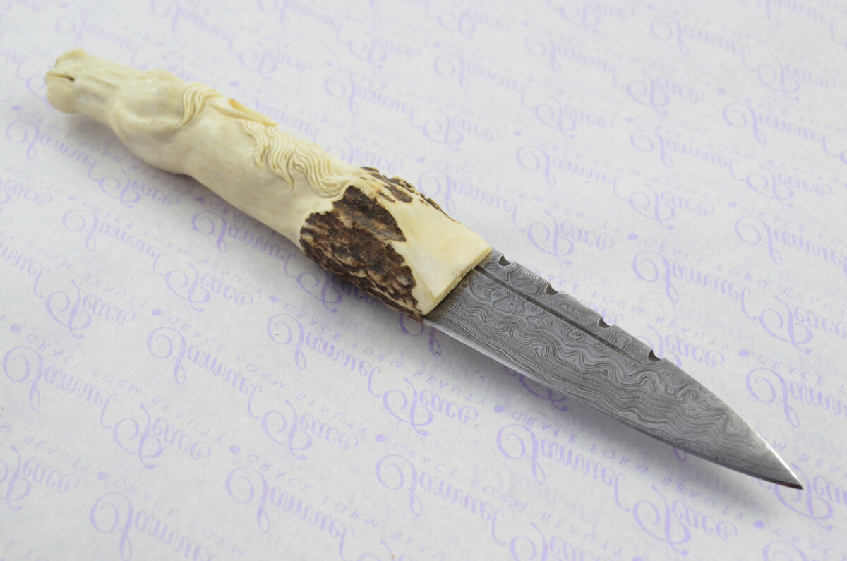 Amazing Bespoke Hand Carved Horse Stag Horn Antler Handle Sgian Dubh Damascus Blade Sheffield England - Image 5