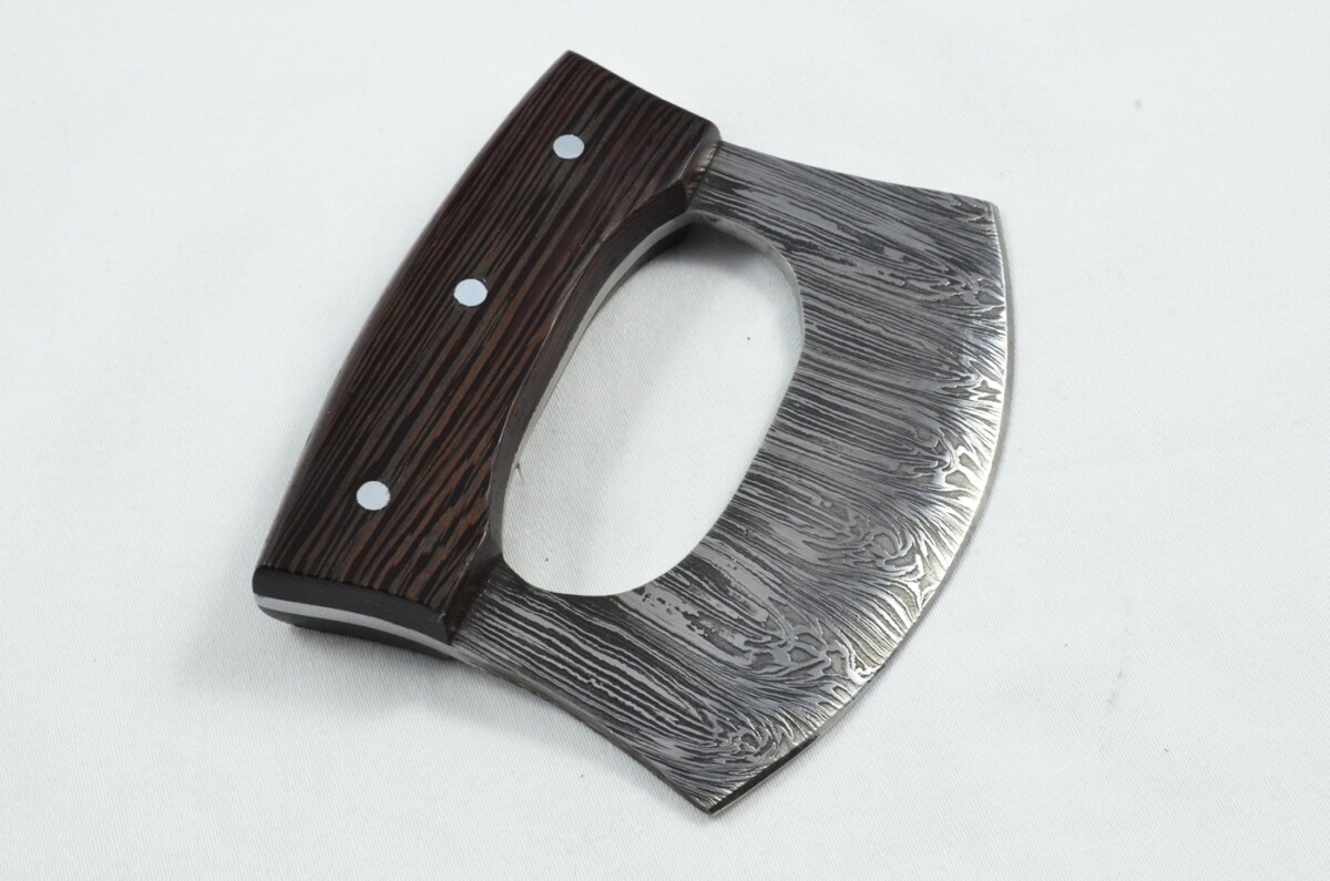 2025 Collection - Damascus Blade Rosewood Handled Mezzaluna Knife With Leather Sheath Limited Edition 1 of 20 - Image 5