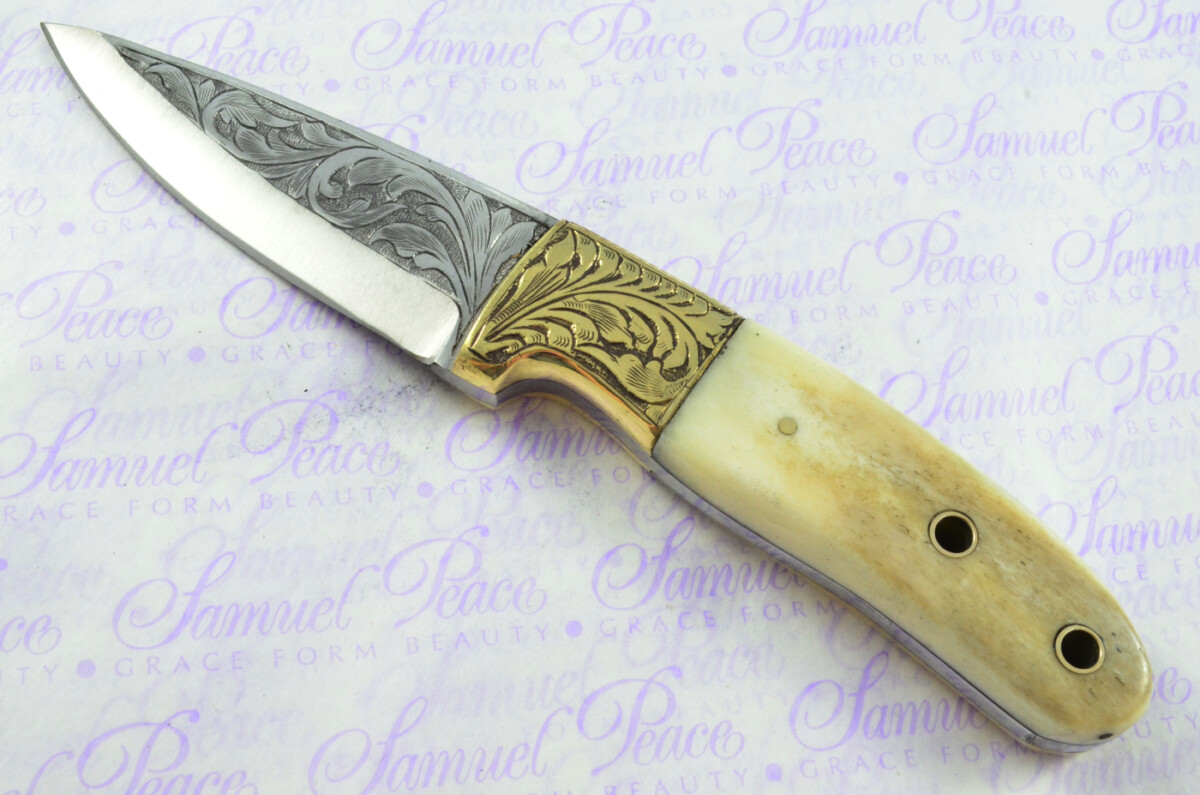 New Fantastic Hand Engraved Carbon 01 Tool Steel Hunting/Bowie Knife Camel Bone Scales Unbelievable Piece Pristine inc Leather Sheath - Image 2