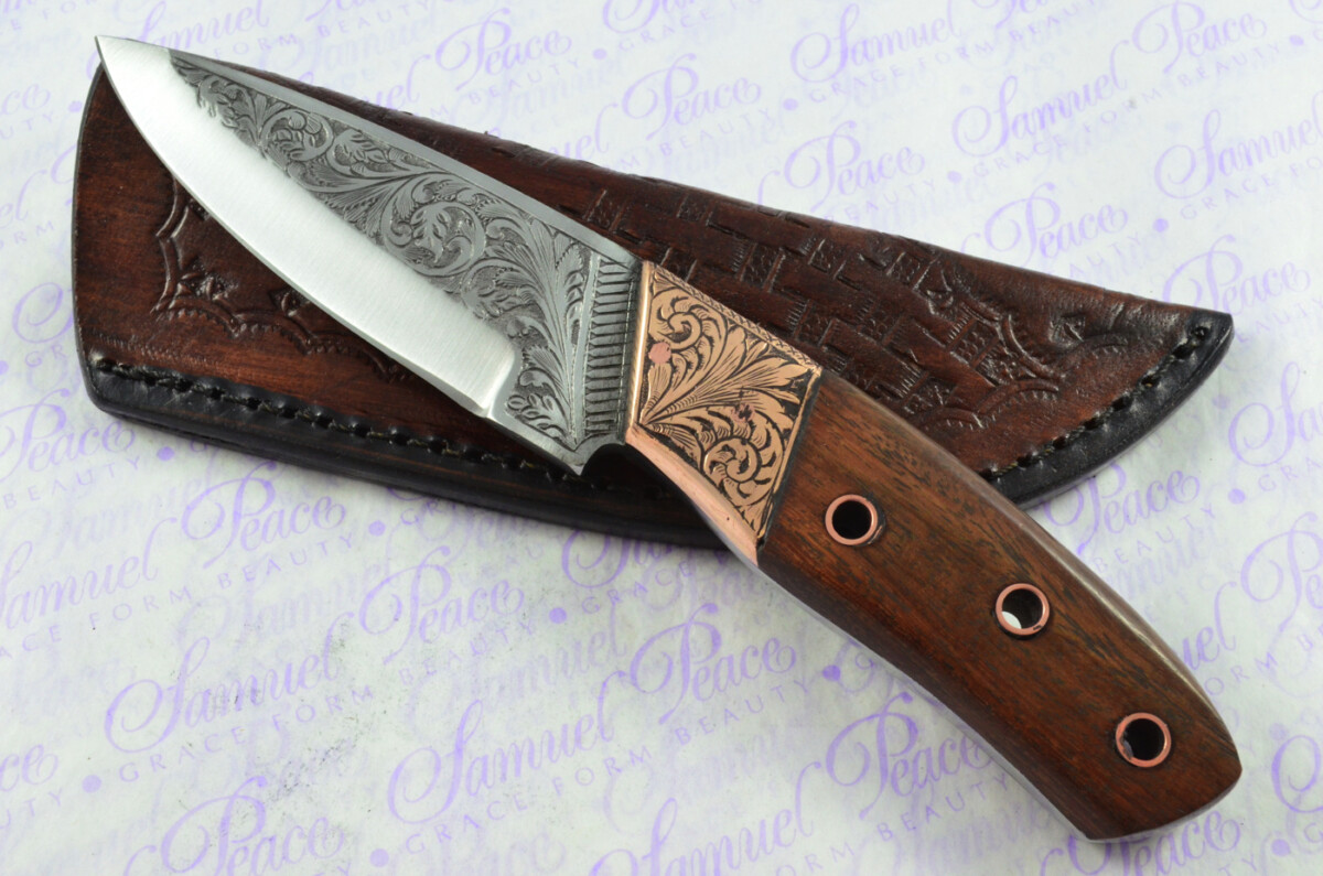 New Fantastic Hand Engraved Carbon 01 Tool Steel Hunting/Bowie Knife Rosewood Scales Unbelievable Piece Pristine inc Leather Sheath