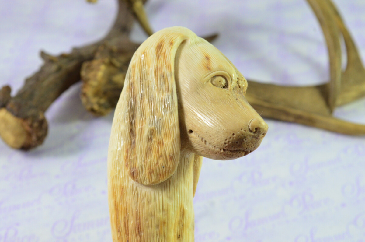 Dogs Head Hand Carved Walking Stick Cane Top Handle Stag Antler Horn Made Sheffield England