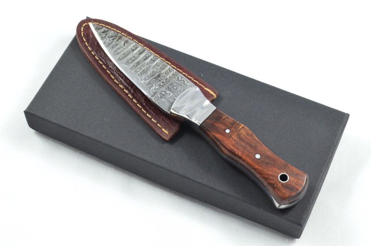 2025 Collection - Damascus Blade Rosewood & Polished Steel Bolster Handled Scottish Knife Sgian Dubh Dirk Leather Sheath Limited Edition 1 of 20