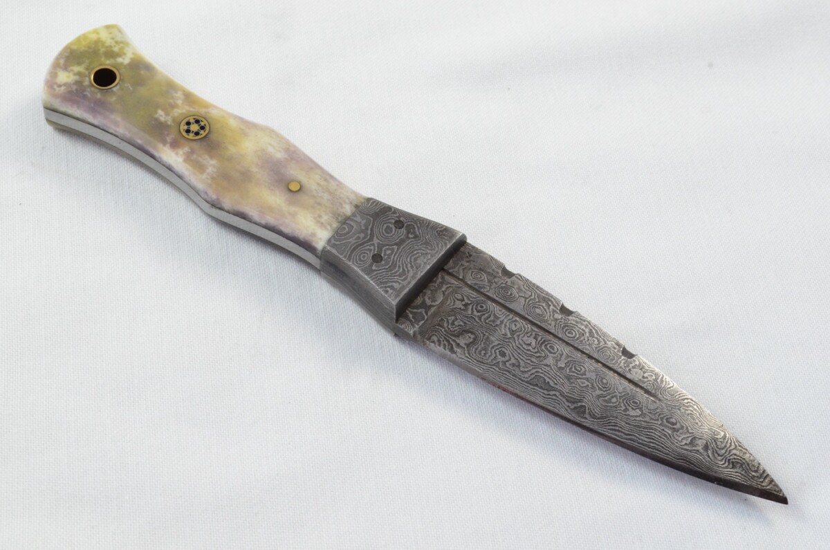 Unique New Genuine Damascus Steel Bespoke Full Tang Camel Bone Handle Sheffield Sgian Dubh with Leather Sheath Gift Boxed - Image 5
