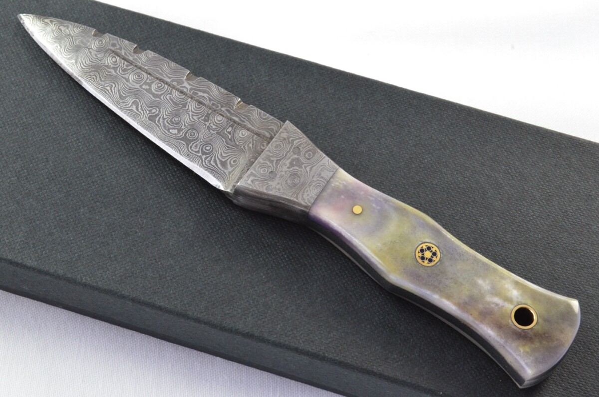 Unique New Genuine Damascus Steel Bespoke Full Tang Camel Bone Handle Sheffield Sgian Dubh with Leather Sheath Gift Boxed