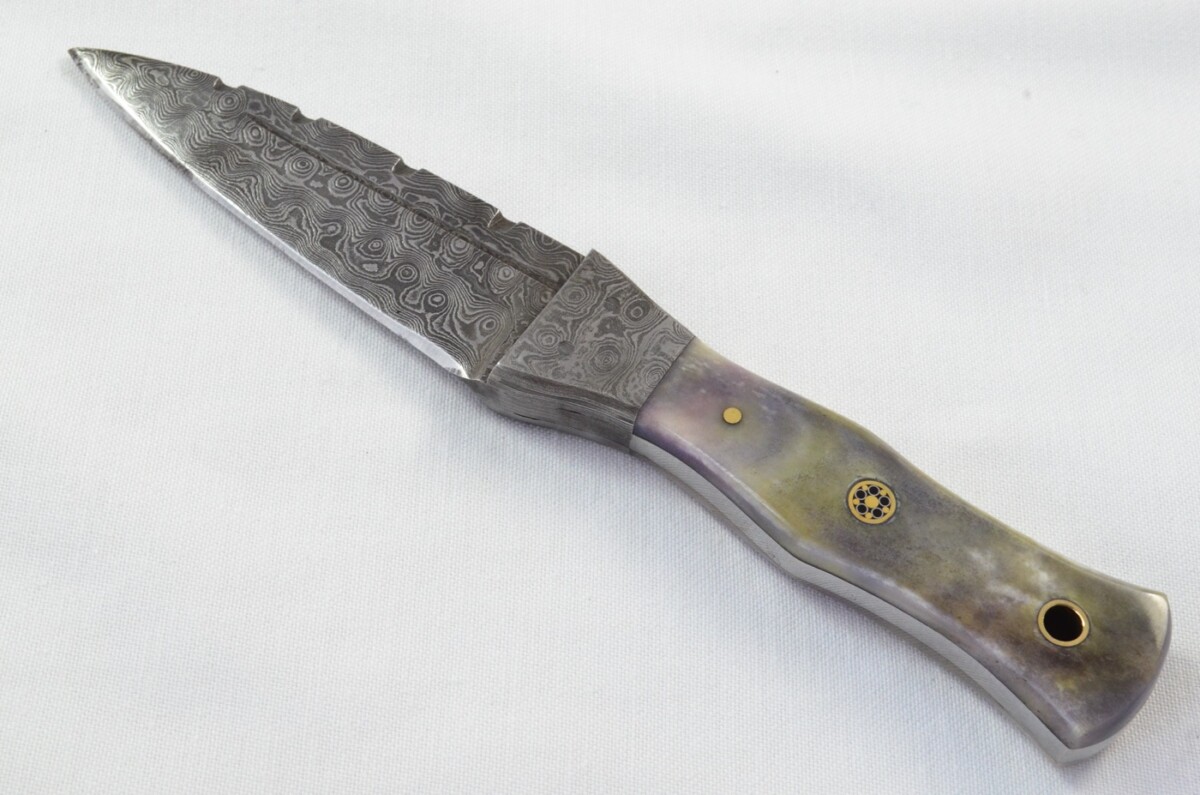 Unique New Genuine Damascus Steel Bespoke Full Tang Camel Bone Handle Sheffield Sgian Dubh with Leather Sheath Gift Boxed - Image 2