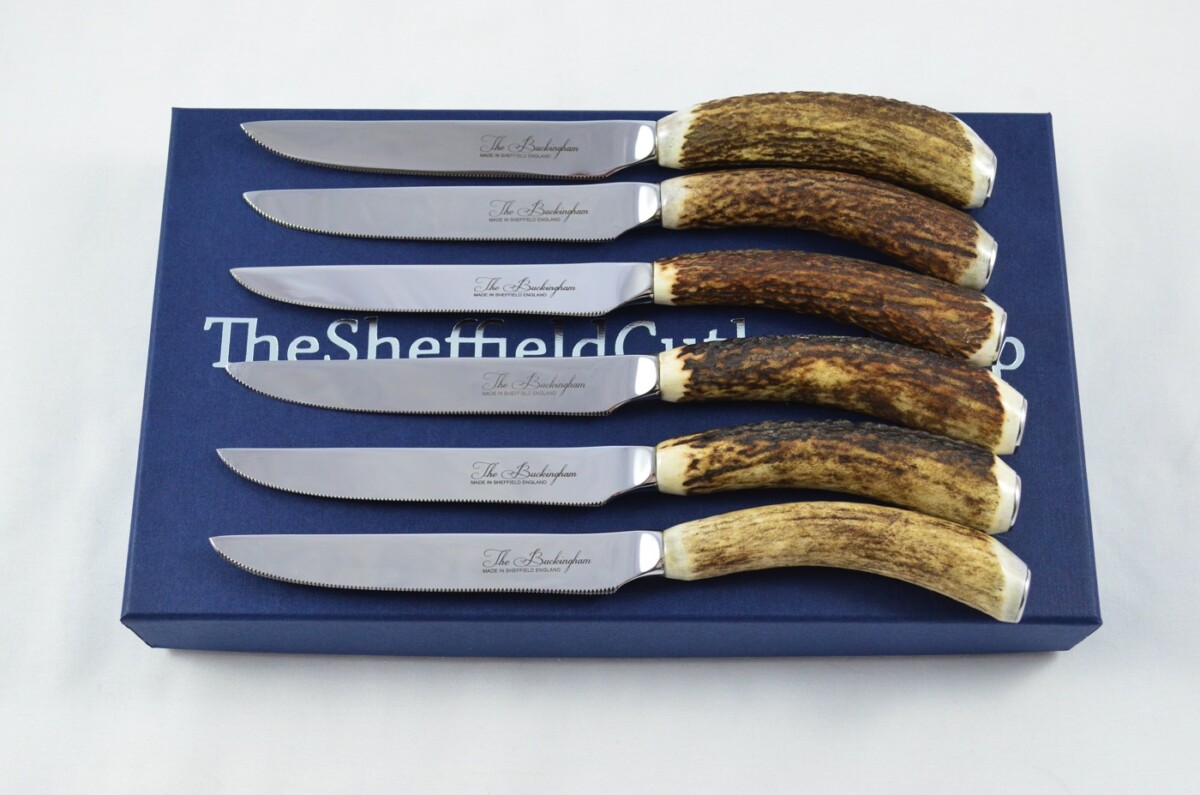 Buckingham Pattern - 6 Limited Edition Buckingham Pattern Genuine Stag/Antler Handle Steak Knives Made Sheffield England Boxed