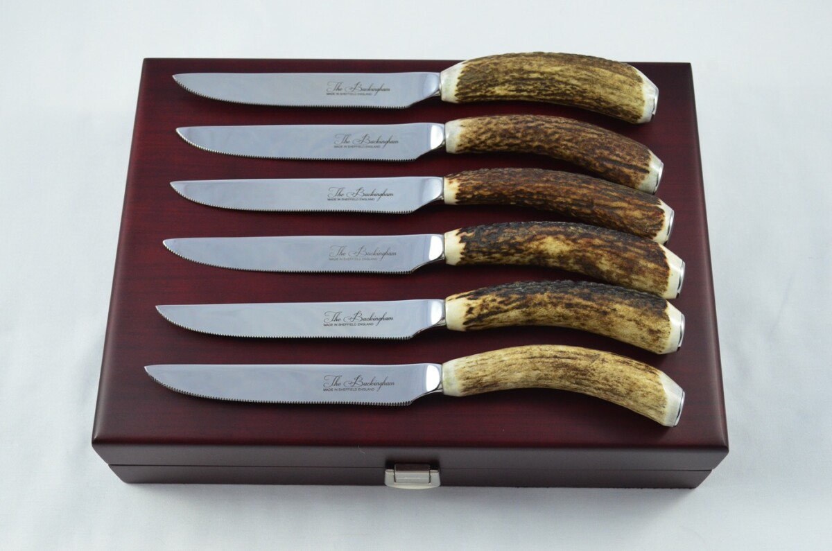 Buckingham Pattern - 6 Limited Edition Buckingham Pattern Genuine Stag/Antler Handle Steak Knives Made Sheffield England Cased