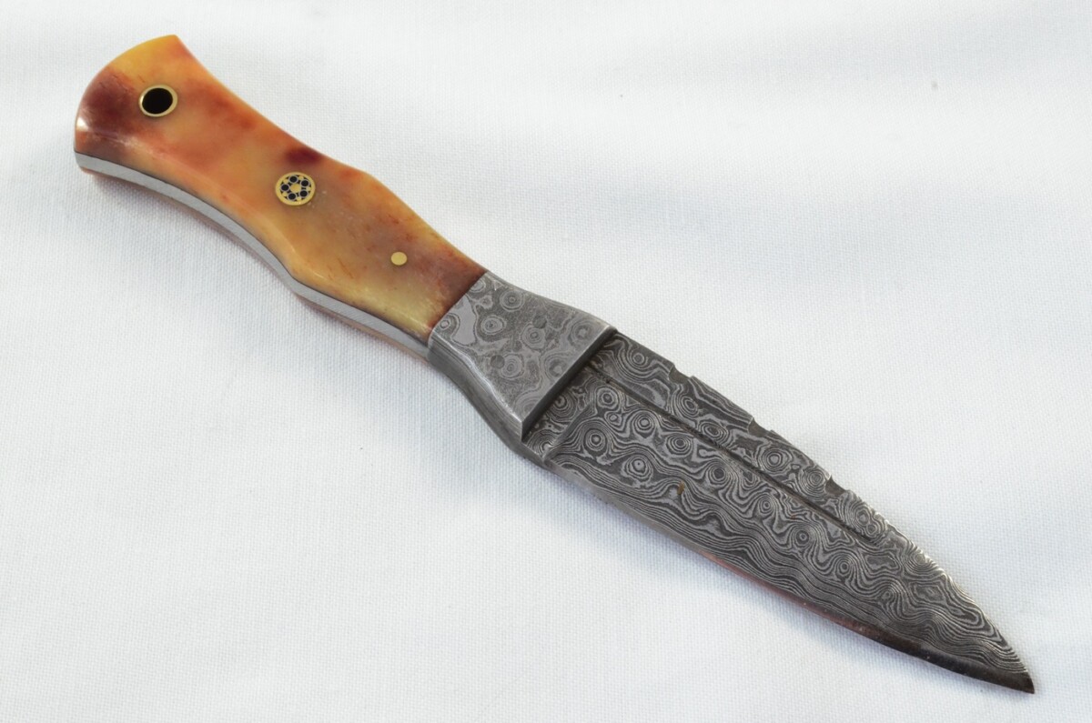 Unique New Genuine Damascus Steel Bespoke Full Tang Camel Bone Handle Sheffield Sgian Dubh with Leather Sheath Gift Boxed - Image 4