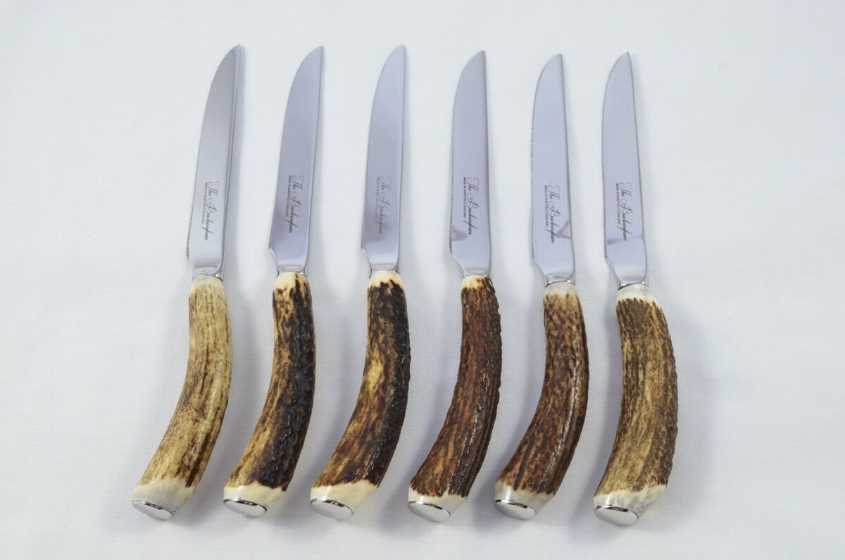 Buckingham Pattern - 6 Limited Edition Buckingham Pattern Genuine Stag/Antler Handle Steak Knives Made Sheffield England