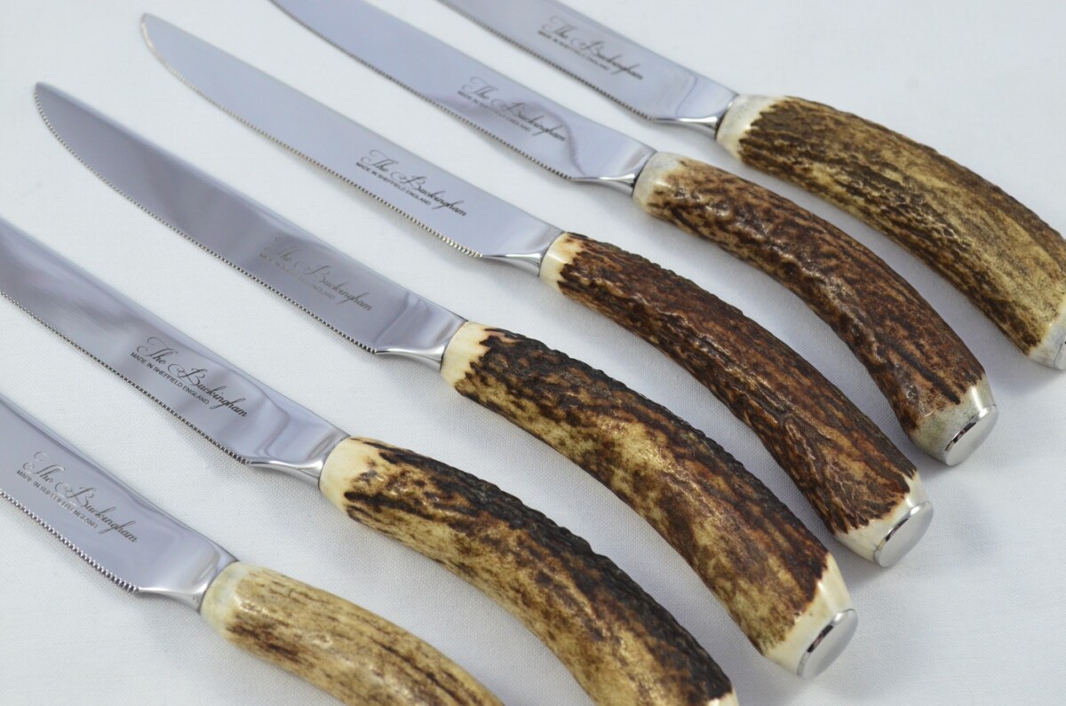 Buckingham Pattern - 12 Limited Edition Buckingham Pattern Genuine Stag/Antler Handle Steak Knives Made Sheffield England Cased - Image 9