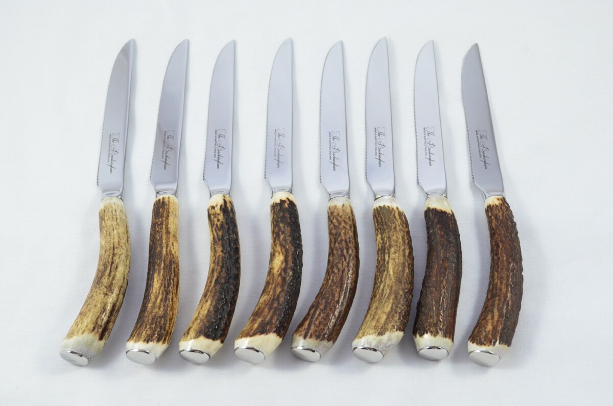 Buckingham Pattern - 8 Limited Edition Buckingham Pattern Genuine Stag/Antler Handle Steak Knives Made Sheffield England