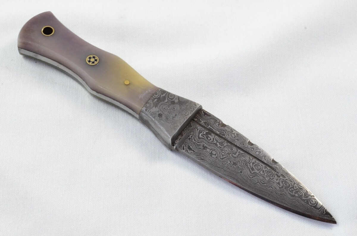 Unique New Genuine Damascus Steel Bespoke Full Tang Camel Bone Handle Sheffield Sgian Dubh with Leather Sheath Gift Boxed - Image 6