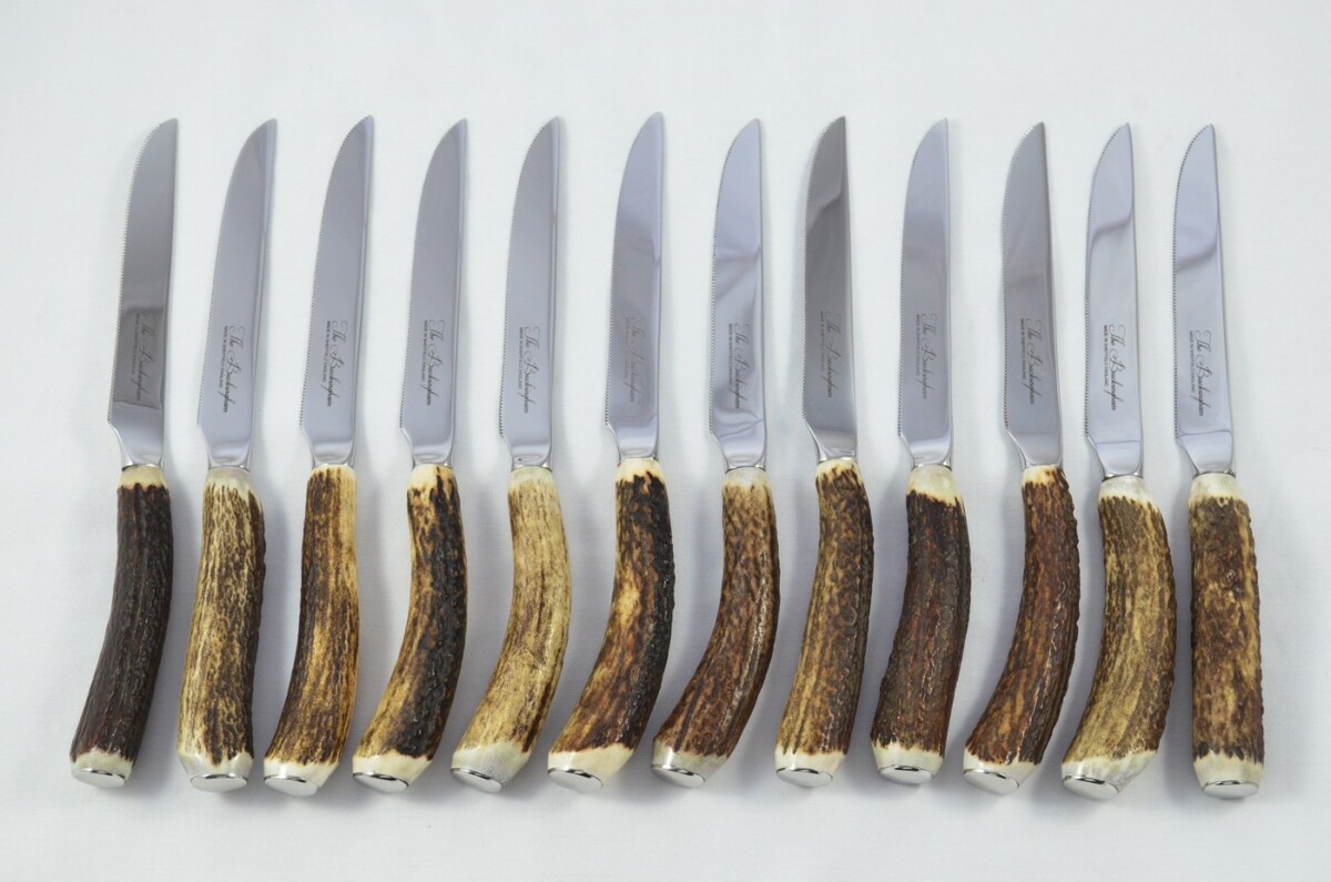 Buckingham Pattern - 12 Limited Edition Buckingham Pattern Genuine Stag/Antler Handle Steak Knives Made Sheffield England Cased - Image 13