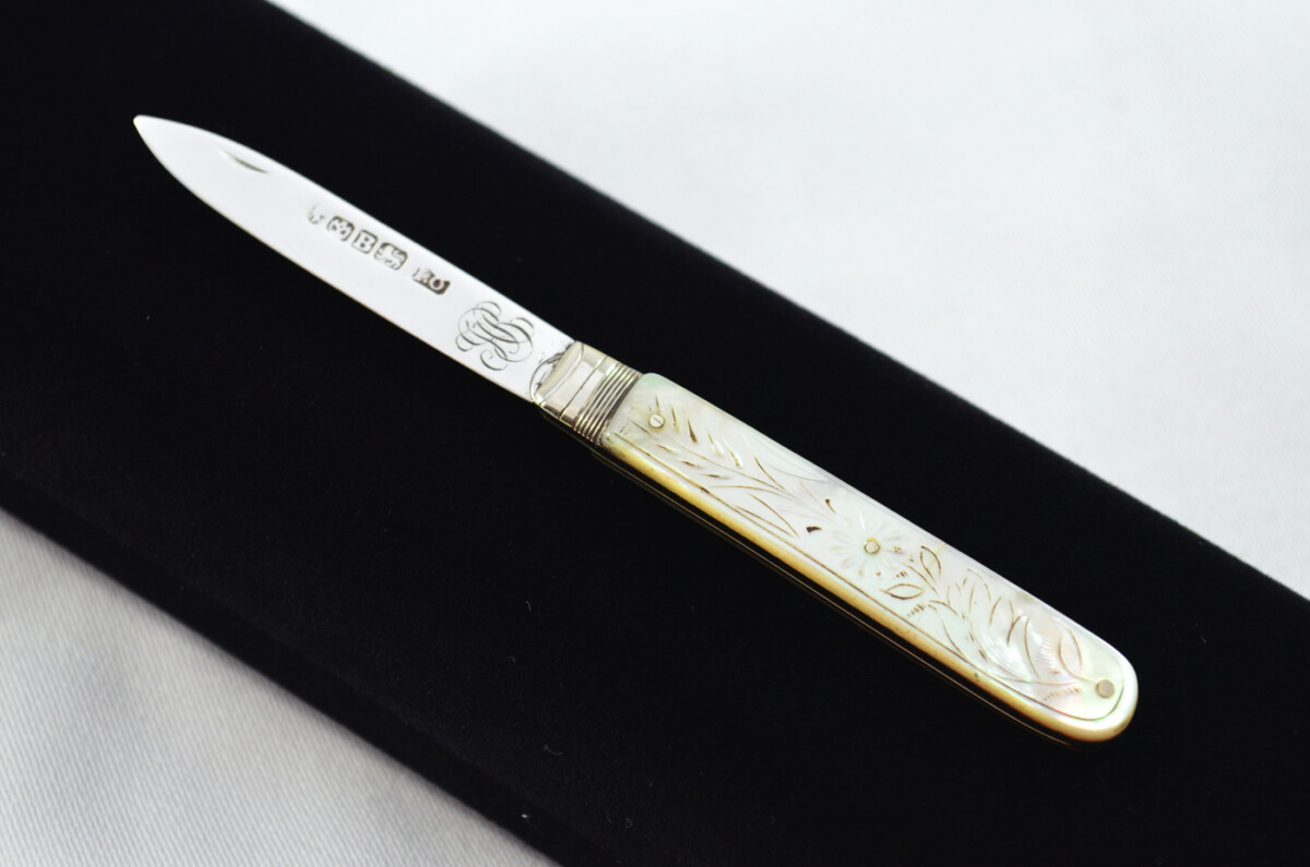 Sheffield Atkin & Oxley Solid Silver Bladed Mother Of Pearl Scaled Pen/Fruit Knife 1805
