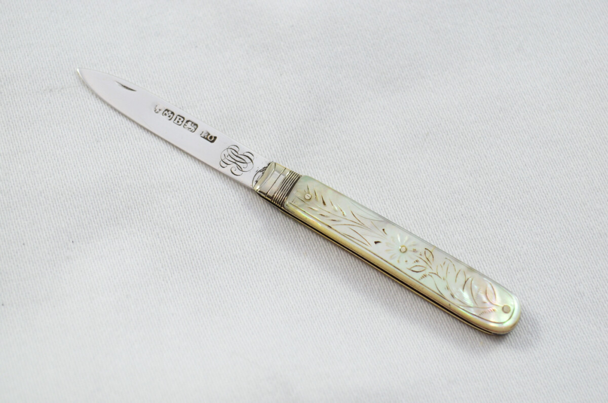 Sheffield Atkin & Oxley Solid Silver Bladed Mother Of Pearl Scaled Pen/Fruit Knife 1805 - Image 2
