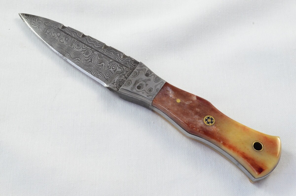 Unique New Genuine Damascus Steel Bespoke Full Tang Camel Bone Handle Sheffield Sgian Dubh with Leather Sheath Gift Boxed - Image 2