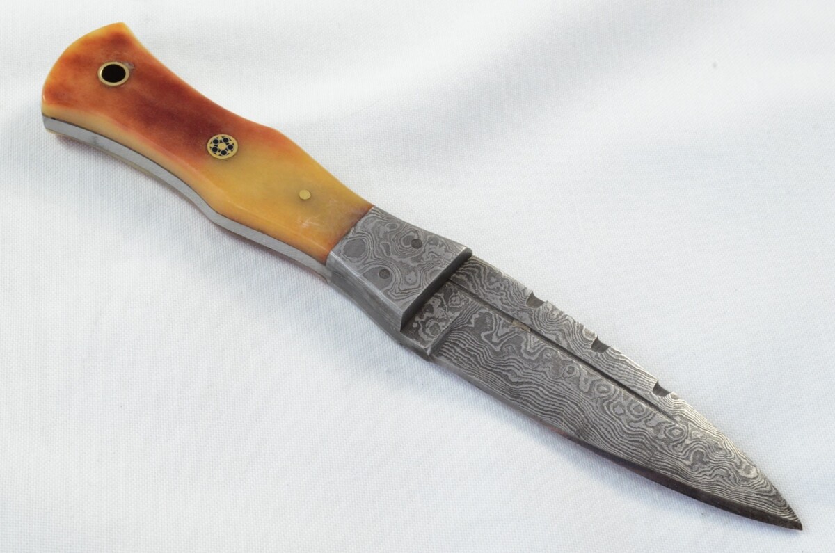 Unique New Genuine Damascus Steel Bespoke Full Tang Camel Bone Handle Sheffield Sgian Dubh with Leather Sheath Gift Boxed - Image 5