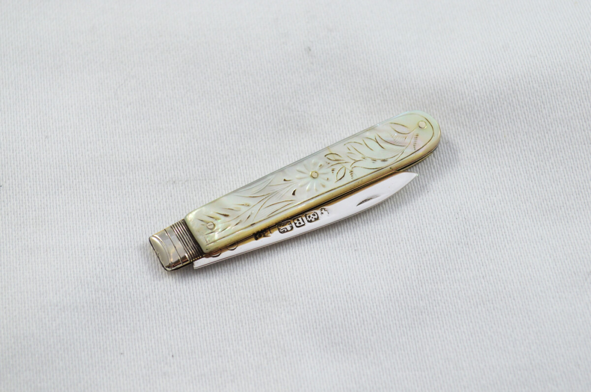 Sheffield Atkin & Oxley Solid Silver Bladed Mother Of Pearl Scaled Pen/Fruit Knife 1805 - Image 7