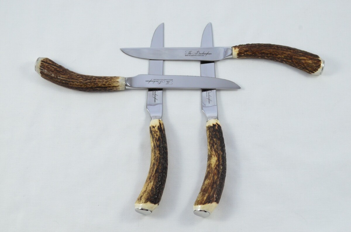 Buckingham Pattern - 12 Limited Edition Buckingham Pattern Genuine Stag/Antler Handle Steak Knives Made Sheffield England Cased - Image 8