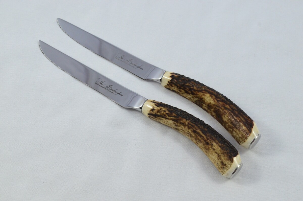 Buckingham Pattern - 2 Limited Edition Buckingham Pattern Genuine Stag/Antler Handle Steak Knife Made Sheffield England
