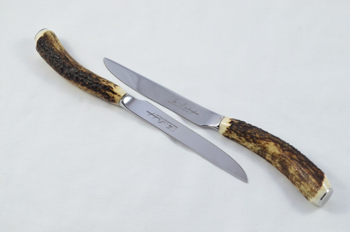 Buckingham Pattern - 12 Limited Edition Buckingham Pattern Genuine Stag/Antler Handle Steak Knives Made Sheffield England Cased - Image 6