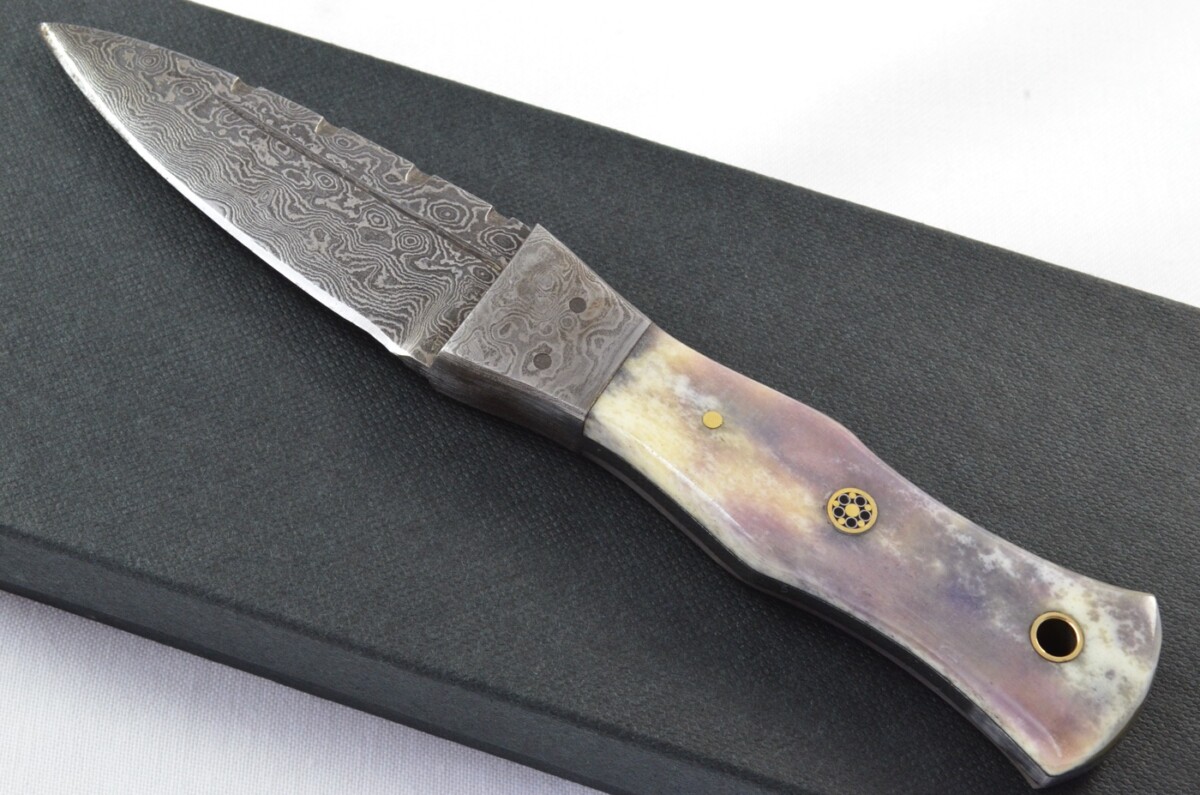Unique New Genuine Damascus Steel Bespoke Full Tang Camel Bone Handle Sheffield Sgian Dubh with Leather Sheath Gift Boxed
