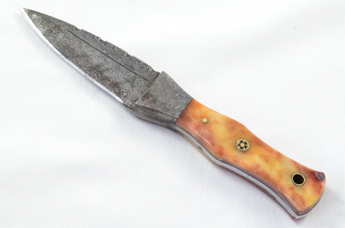 Unique New Genuine Damascus Steel Bespoke Full Tang Camel Bone Handle Sheffield Sgian Dubh with Leather Sheath Gift Boxed - Image 2