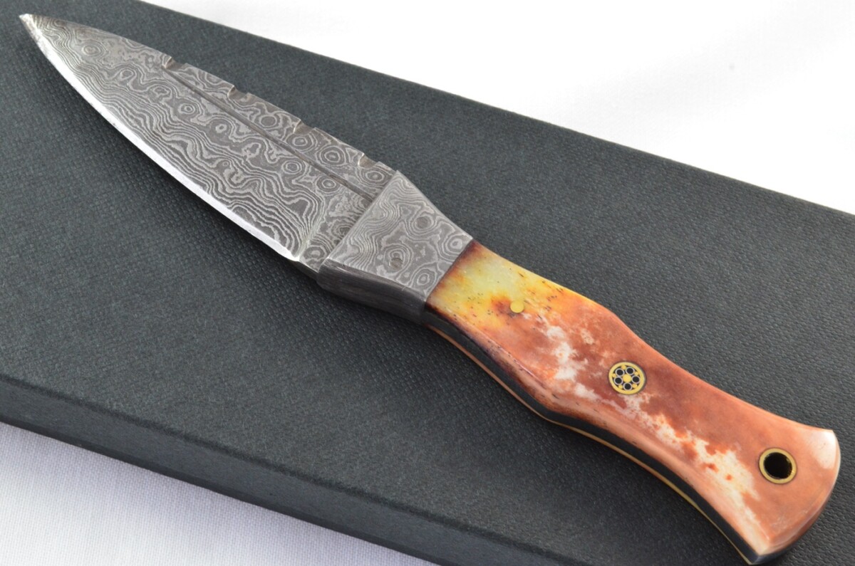 Unique New Genuine Damascus Steel Bespoke Full Tang Camel Bone Handle Sheffield Sgian Dubh with Leather Sheath Gift Boxed - Image 3