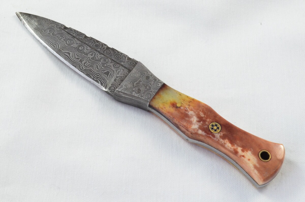 Unique New Genuine Damascus Steel Bespoke Full Tang Camel Bone Handle Sheffield Sgian Dubh with Leather Sheath Gift Boxed - Image 4