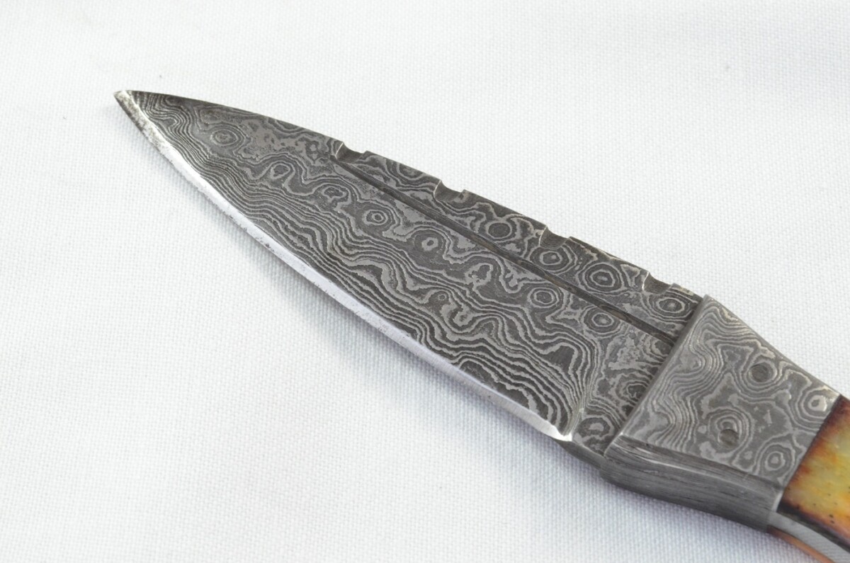 Unique New Genuine Damascus Steel Bespoke Full Tang Camel Bone Handle Sheffield Sgian Dubh with Leather Sheath Gift Boxed - Image 6