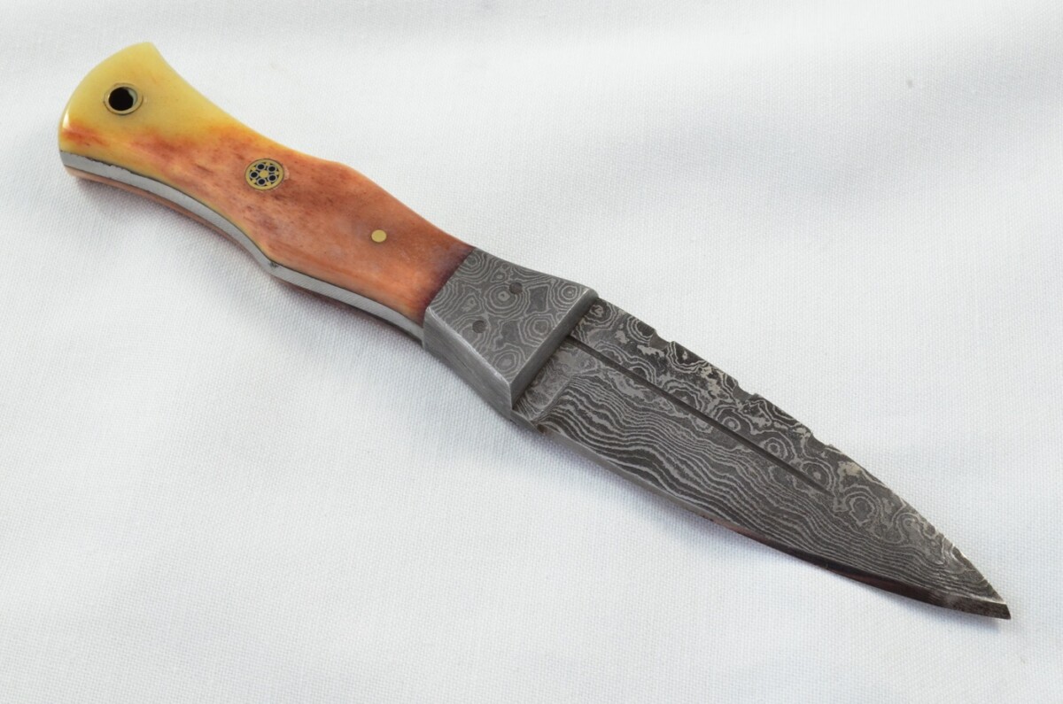 Unique New Genuine Damascus Steel Bespoke Full Tang Camel Bone Handle Sheffield Sgian Dubh with Leather Sheath Gift Boxed - Image 7