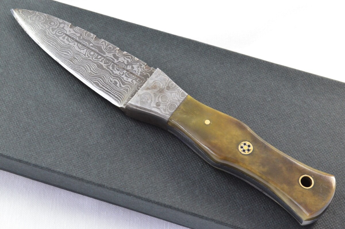 Unique New Genuine Damascus Steel Bespoke Full Tang Camel Bone Handle Sheffield Sgian Dubh with Leather Sheath Gift Boxed