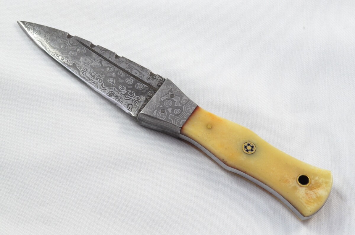 Unique New Genuine Damascus Steel Bespoke Full Tang Camel Bone Handle Sheffield Sgian Dubh with Leather Sheath Gift Boxed - Image 2