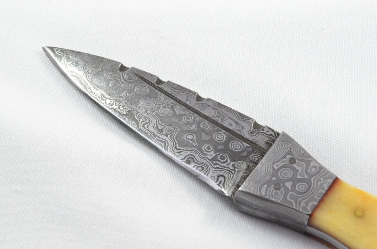Unique New Genuine Damascus Steel Bespoke Full Tang Camel Bone Handle Sheffield Sgian Dubh with Leather Sheath Gift Boxed - Image 4