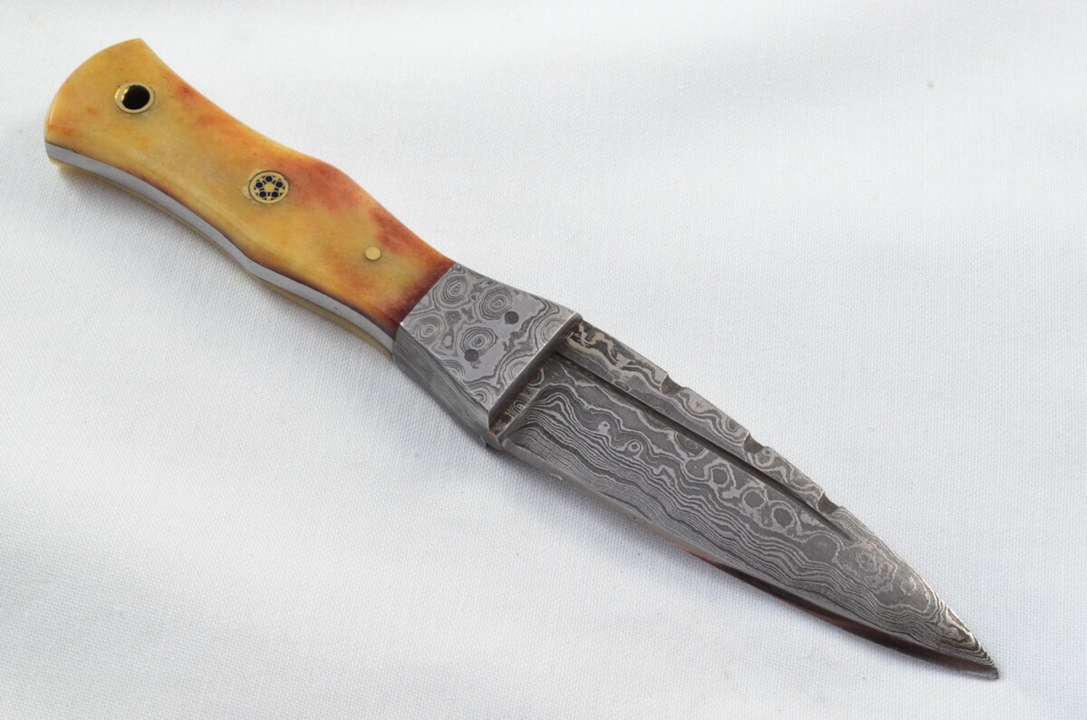 Unique New Genuine Damascus Steel Bespoke Full Tang Camel Bone Handle Sheffield Sgian Dubh with Leather Sheath Gift Boxed - Image 5