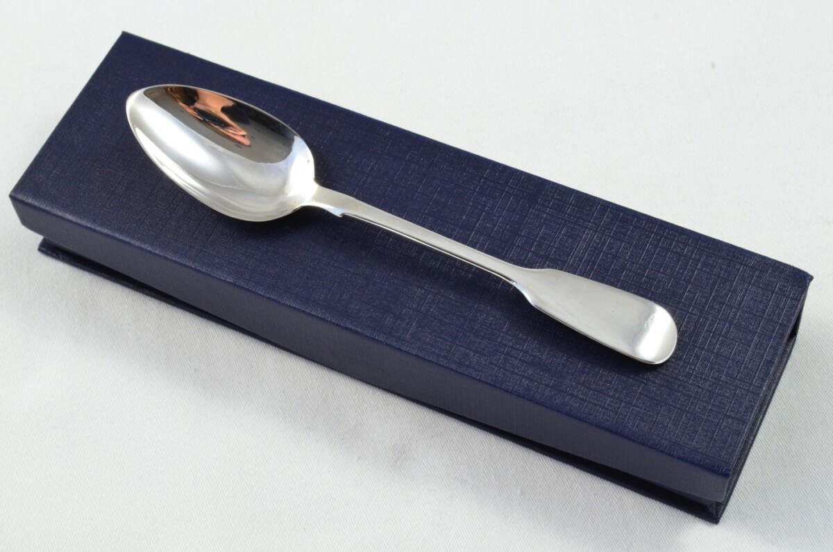 London Solid Silver Antique Christening Spoon - Old English Fiddle Pattern - Made in 1843 - Presentation Case