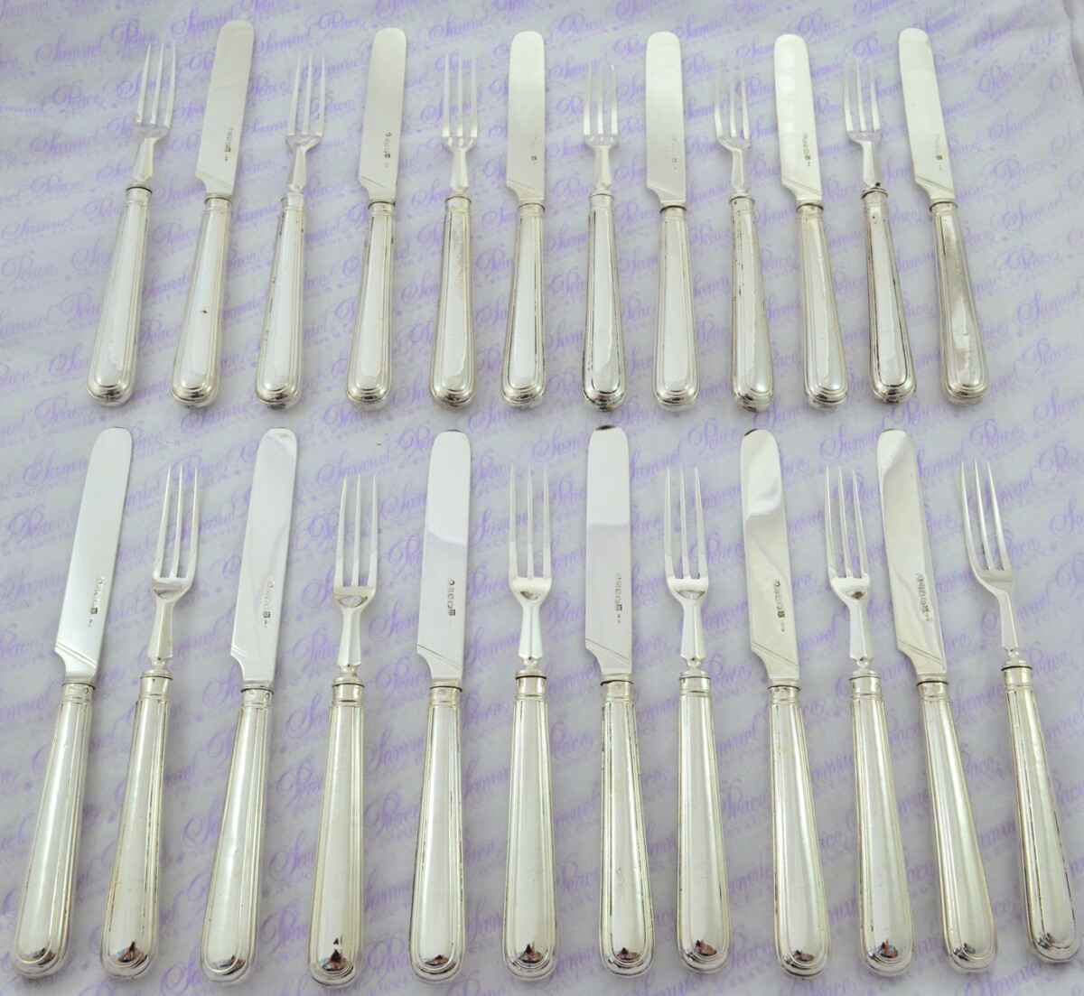 OLD ENGLISH 12 PAIRS STERLING SILVER HANDLED AND BLADED KNIVES & FORKS LONDON 1888