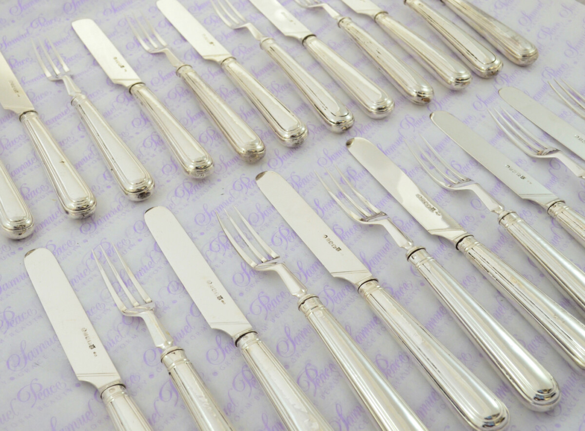 OLD ENGLISH 12 PAIRS STERLING SILVER HANDLED AND BLADED KNIVES & FORKS LONDON 1888 - Image 2