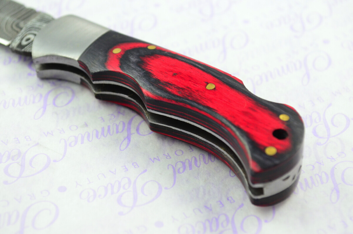 A Handmade Damascus Steel Pocket Knife - Red & Black Laminate Wood Scales - Image 3