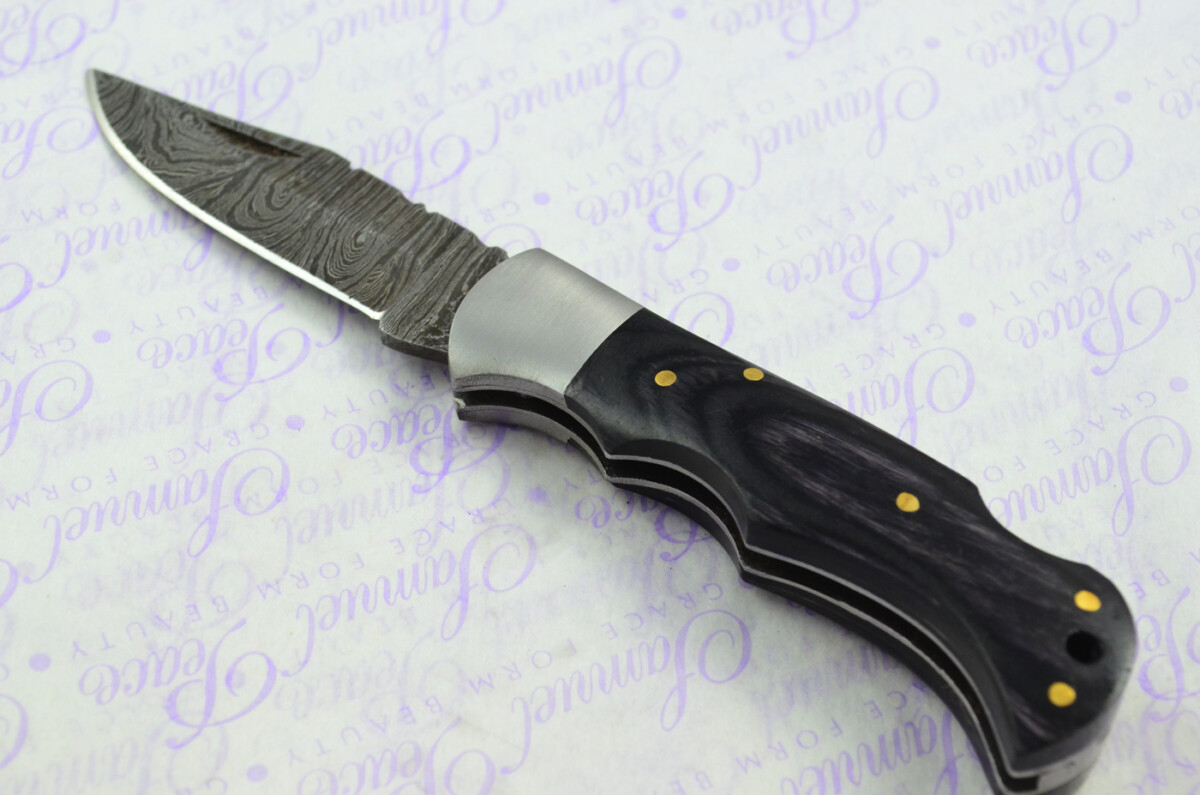 A Handmade Damascus Steel Pocket Knife - Black Stealth Laminate Wood Scales - Image 2