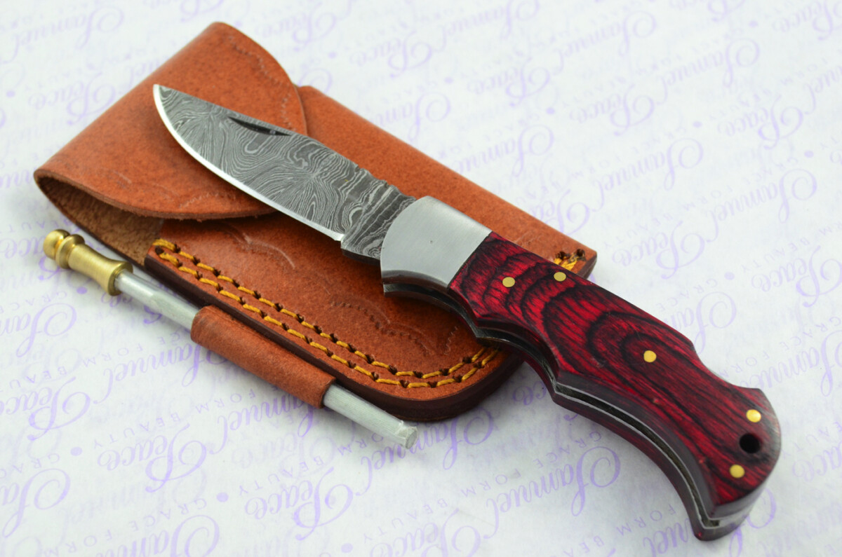 A Handmade Damascus Steel Pocket Knife - Maroon & Black Laminate Wood Scales