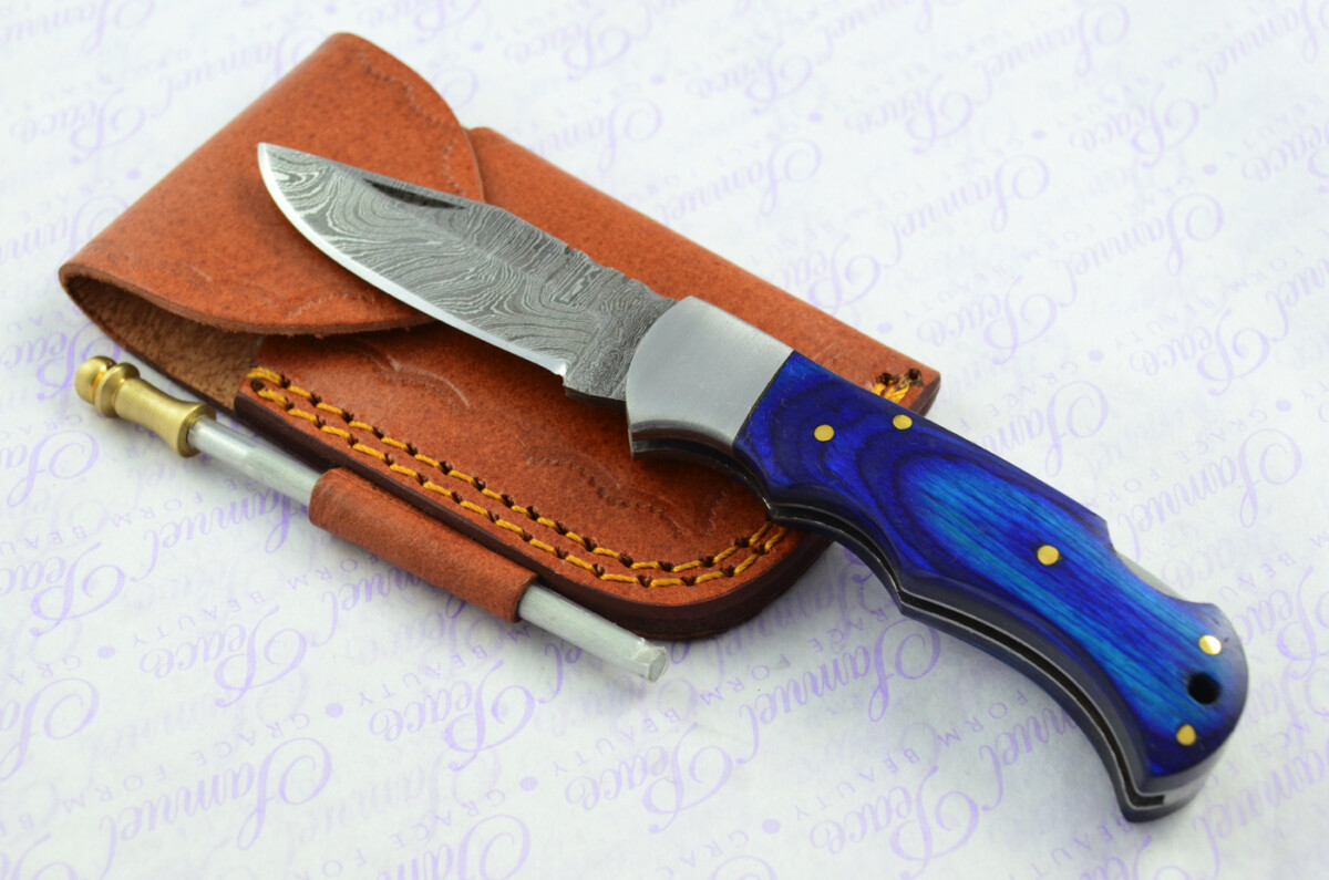 A Handmade Damascus Steel Pocket Knife - Blue Laminate Wood Scales