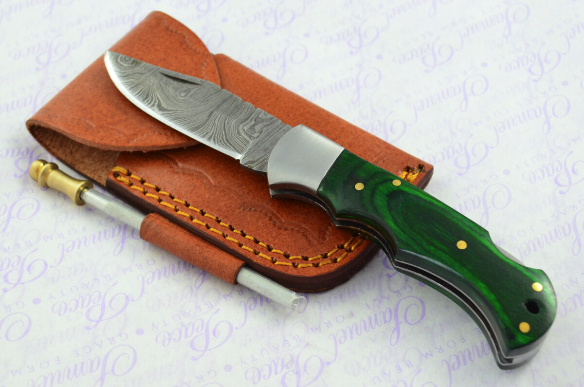 A Handmade Damascus Steel Pocket Knife - Green Laminate Wood Scales