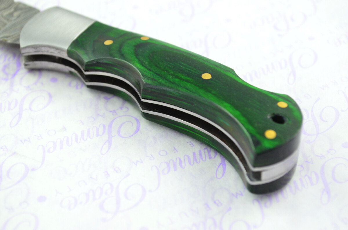 A Handmade Damascus Steel Pocket Knife - Green Laminate Wood Scales - Image 3