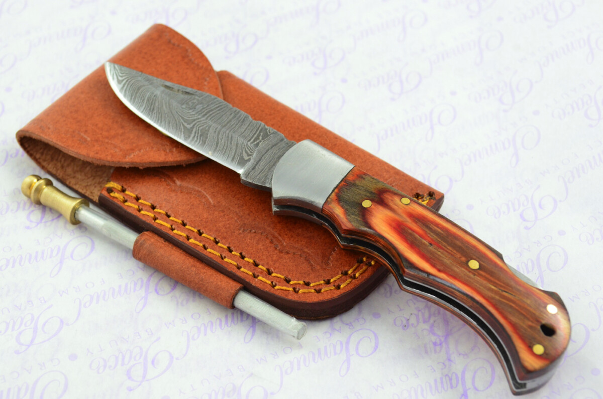 A Handmade Damascus Steel Pocket Knife - Brown Laminate Wood Scales